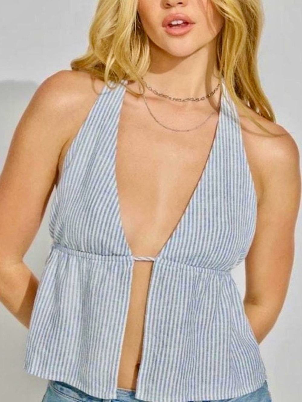 Garage Halter Blue and White Striped Top